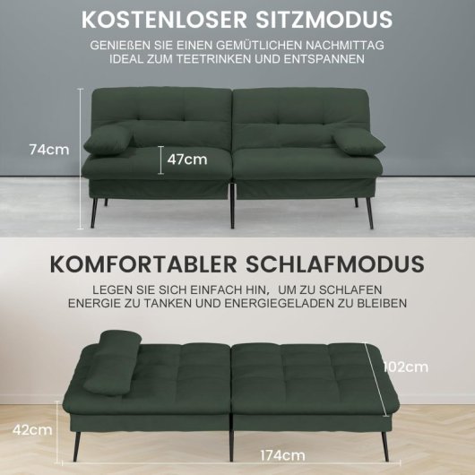Sofá Cama Con Función De Cama, Funda Futón Plegable, Sofá Cama, Sofá Esquinero, Cama Invitados, Sofá 3 Plazas, Con Respaldo Ajustable En Tela - Verde