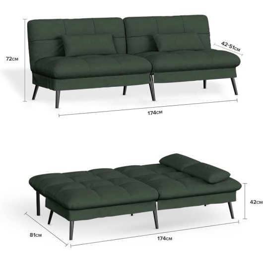 Sofá Cama Con Función De Cama, Funda Futón Plegable, Sofá Cama, Sofá Esquinero, Cama Invitados, Sofá 3 Plazas, Con Respaldo Ajustable En Tela - Verde