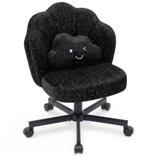 Silla De Maquillaje Con Ruedas En Forma De Flor, Silla De Escritorio Con Doble Respaldo Y Cojín Nube, Silla Giratoria Altura Ajustable, Silla De Oficina Para Dormitorio Homeoffice, Chenille Brillante - Negro