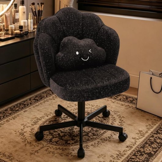 Silla De Maquillaje Con Ruedas En Forma De Flor, Silla De Escritorio Con Doble Respaldo Y Cojín Nube, Silla Giratoria Altura Ajustable, Silla De Oficina Para Dormitorio Homeoffice, Chenille Brillante - Negro