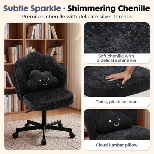 Silla De Maquillaje Con Ruedas En Forma De Flor, Silla De Escritorio Con Doble Respaldo Y Cojín Nube, Silla Giratoria Altura Ajustable, Silla De Oficina Para Dormitorio Homeoffice, Chenille Brillante - Negro
