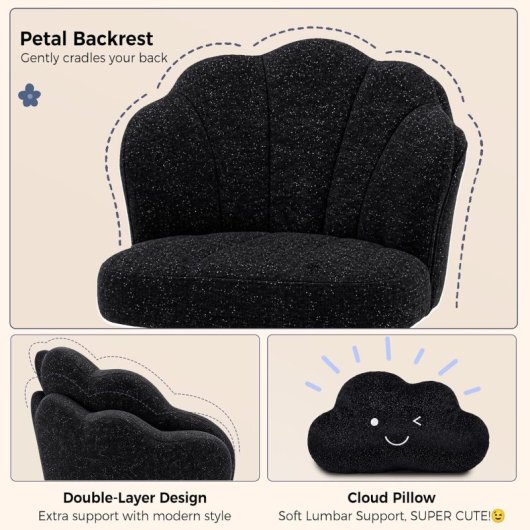 Silla De Maquillaje Con Ruedas En Forma De Flor, Silla De Escritorio Con Doble Respaldo Y Cojín Nube, Silla Giratoria Altura Ajustable, Silla De Oficina Para Dormitorio Homeoffice, Chenille Brillante - Negro