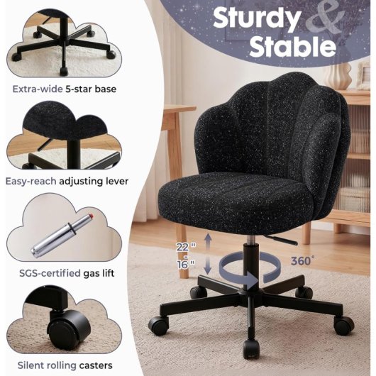 Silla De Maquillaje Con Ruedas En Forma De Flor, Silla De Escritorio Con Doble Respaldo Y Cojín Nube, Silla Giratoria Altura Ajustable, Silla De Oficina Para Dormitorio Homeoffice, Chenille Brillante - Negro