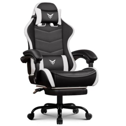 Gaming-Stuhl GTPLAYER mit Fußstütze, Lendenstütze, Verstellbarer Kopfstütze Weiß