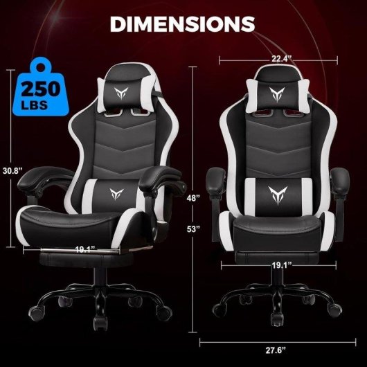 Gaming-Stuhl GTPLAYER mit Fußstütze, Lendenstütze, Verstellbarer Kopfstütze Weiß