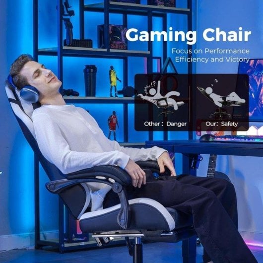 Gaming-Stuhl GTPLAYER mit Fußstütze, Lendenstütze, Verstellbarer Kopfstütze Weiß