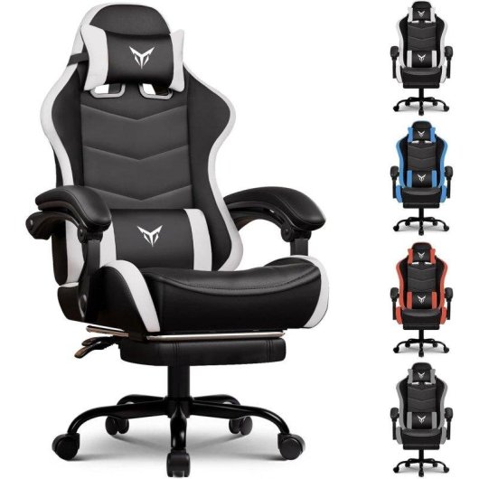 Gaming-Stuhl GTPLAYER mit Fußstütze, Lendenstütze, Verstellbarer Kopfstütze Weiß