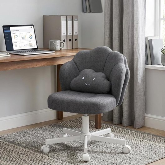 Silla De Maquillaje Con Ruedas En Forma De Flor, Silla De Escritorio Con Doble Respaldo Y Cojín Nube, Silla Giratoria Altura Ajustable, Silla De Oficina Para Dormitorio Homeoffice, Lino - Gris
