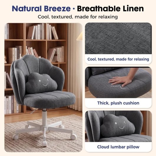 Silla De Maquillaje Con Ruedas En Forma De Flor, Silla De Escritorio Con Doble Respaldo Y Cojín Nube, Silla Giratoria Altura Ajustable, Silla De Oficina Para Dormitorio Homeoffice, Lino - Gris