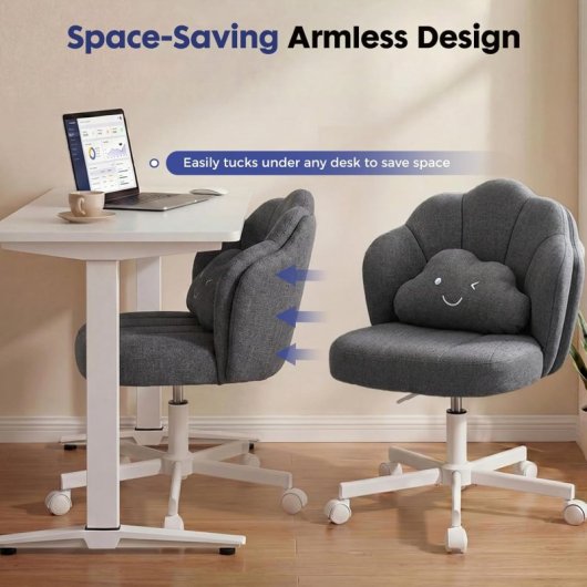 Silla De Maquillaje Con Ruedas En Forma De Flor, Silla De Escritorio Con Doble Respaldo Y Cojín Nube, Silla Giratoria Altura Ajustable, Silla De Oficina Para Dormitorio Homeoffice, Lino - Gris