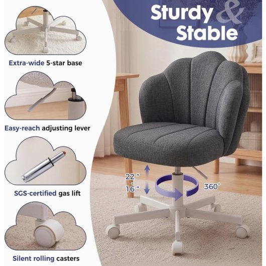 Silla De Maquillaje Con Ruedas En Forma De Flor, Silla De Escritorio Con Doble Respaldo Y Cojín Nube, Silla Giratoria Altura Ajustable, Silla De Oficina Para Dormitorio Homeoffice, Lino - Gris