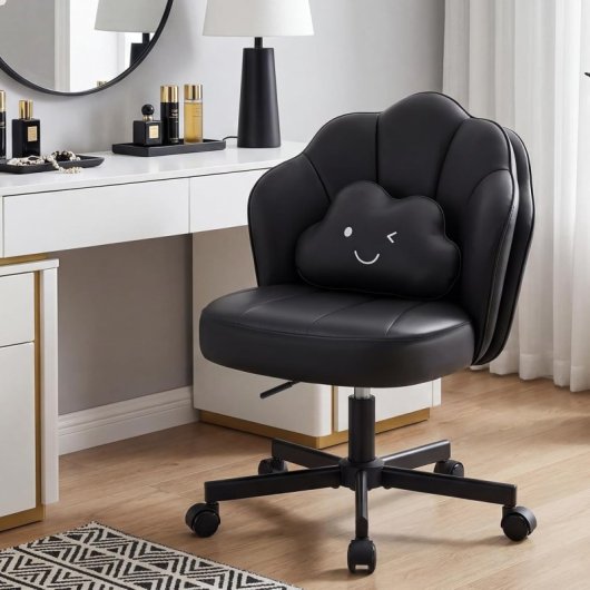 Silla De Escritorio En Forma De Flor Con Ruedas, Silla De Maquillaje Con Doble Respaldo Y Cojín Nube, Silla Giratoria Altura Ajustable, Silla De Oficina Para Dormitorio Homeoffice, Cuero Pu - Negro