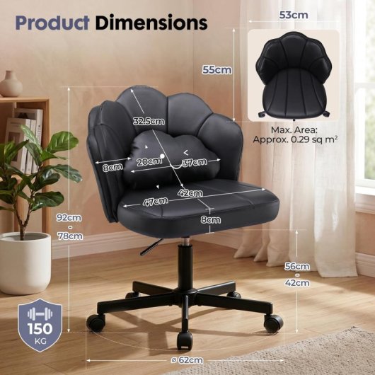 Silla De Escritorio En Forma De Flor Con Ruedas, Silla De Maquillaje Con Doble Respaldo Y Cojín Nube, Silla Giratoria Altura Ajustable, Silla De Oficina Para Dormitorio Homeoffice, Cuero Pu - Negro