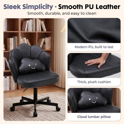 Silla De Escritorio En Forma De Flor Con Ruedas, Silla De Maquillaje Con Doble Respaldo Y Cojín Nube, Silla Giratoria Altura Ajustable, Silla De Oficina Para Dormitorio Homeoffice, Cuero Pu - Negro