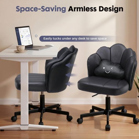 Silla De Escritorio En Forma De Flor Con Ruedas, Silla De Maquillaje Con Doble Respaldo Y Cojín Nube, Silla Giratoria Altura Ajustable, Silla De Oficina Para Dormitorio Homeoffice, Cuero Pu - Negro