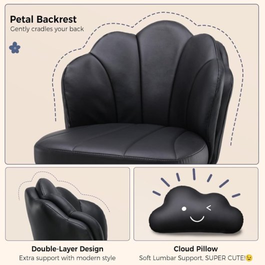 Silla De Escritorio En Forma De Flor Con Ruedas, Silla De Maquillaje Con Doble Respaldo Y Cojín Nube, Silla Giratoria Altura Ajustable, Silla De Oficina Para Dormitorio Homeoffice, Cuero Pu - Negro