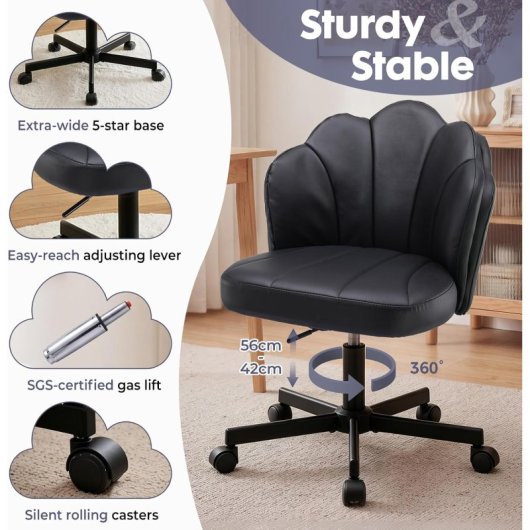 Silla De Escritorio En Forma De Flor Con Ruedas, Silla De Maquillaje Con Doble Respaldo Y Cojín Nube, Silla Giratoria Altura Ajustable, Silla De Oficina Para Dormitorio Homeoffice, Cuero Pu - Negro