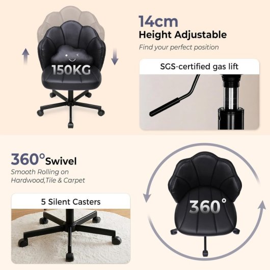 Silla De Escritorio En Forma De Flor Con Ruedas, Silla De Maquillaje Con Doble Respaldo Y Cojín Nube, Silla Giratoria Altura Ajustable, Silla De Oficina Para Dormitorio Homeoffice, Cuero Pu - Negro