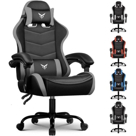 Gaming Stuhl GTPLAYER Ergonomisch Mit Lendenwirbelstutze Kopfstuetze Grau