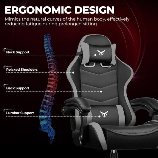 Gaming Stuhl GTPLAYER Ergonomisch Mit Lendenwirbelstutze Kopfstuetze Grau