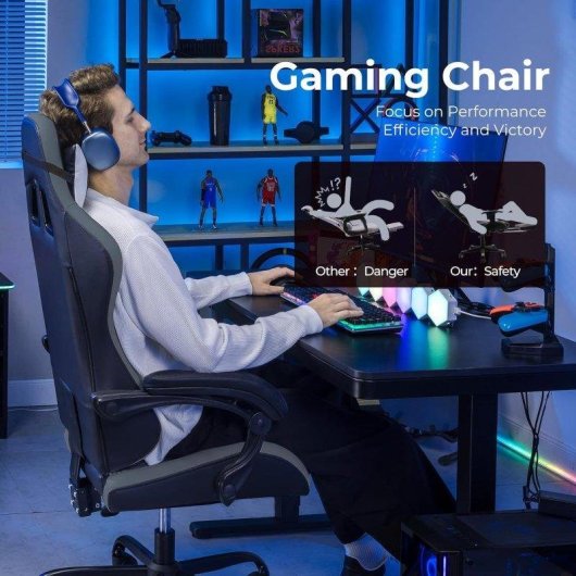 Gaming Stuhl GTPLAYER Ergonomisch Mit Lendenwirbelstutze Kopfstuetze Grau