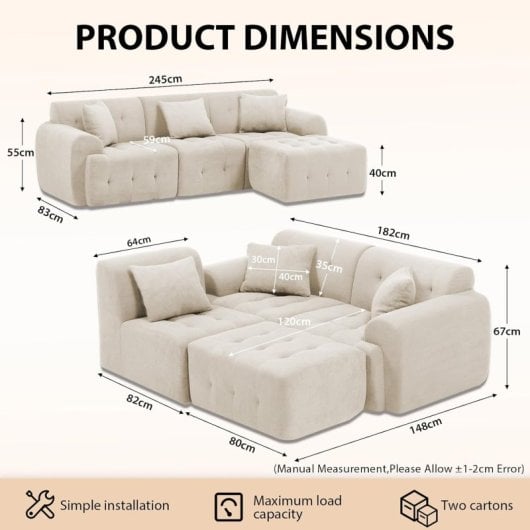 Canapé d’angle GTPLAYER Sofa Modulaire Lit 245x60x40 cm Gris Beige