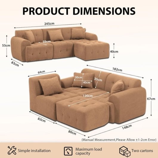 Divano angolare GTPLAYER Modulare 245 x 60 x 40 cm Funzione Letto Marrone