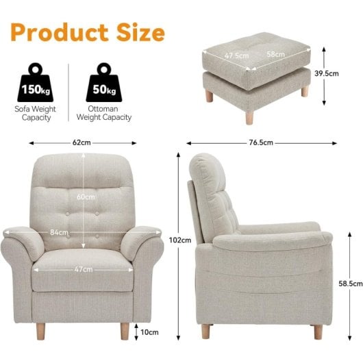Sillón Relax Para Tv Con Función Reclinable, Sillón Reclinable Con Otomana Y 4 Respaldo Ajustable, Sillón Tapizado De Tela Individual Para Salón Dormitorio Home Cinema, Chenille - Beige