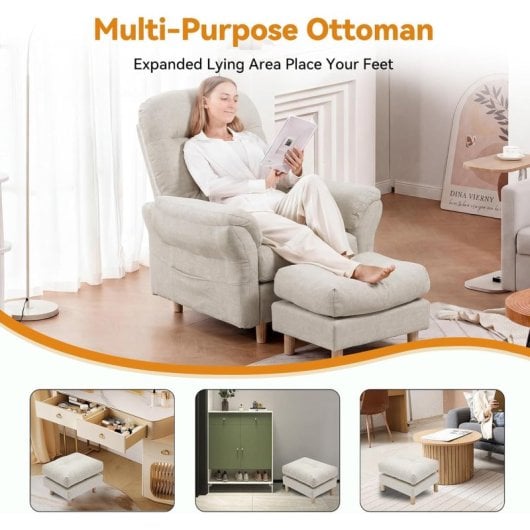 Sillón Relax Para Tv Con Función Reclinable, Sillón Reclinable Con Otomana Y 4 Respaldo Ajustable, Sillón Tapizado De Tela Individual Para Salón Dormitorio Home Cinema, Chenille - Beige