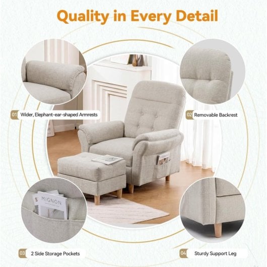 Sillón Relax Para Tv Con Función Reclinable, Sillón Reclinable Con Otomana Y 4 Respaldo Ajustable, Sillón Tapizado De Tela Individual Para Salón Dormitorio Home Cinema, Chenille - Beige