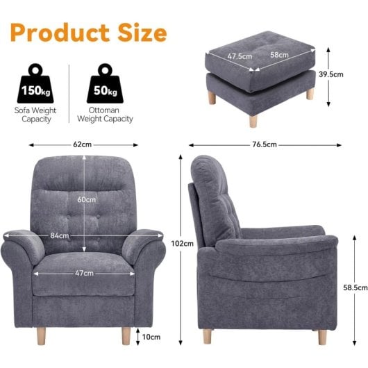 Sillón Relax Para Tv Con Función Reclinable, Sillón Reclinable Con Otomana Y 4 Respaldo Ajustable, Sillón Tapizado De Tela Individual Para Salón Dormitorio Home Cinema, Chenille - Gris