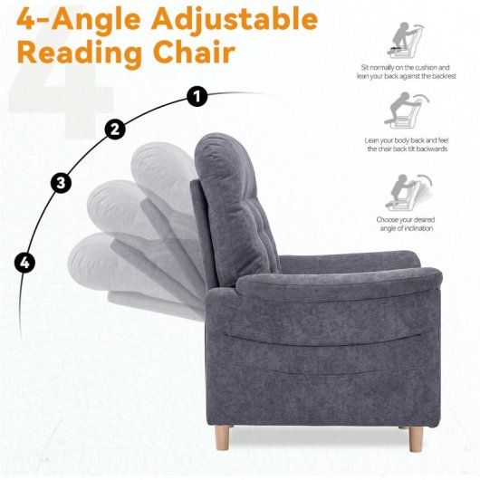 Sillón Relax Para Tv Con Función Reclinable, Sillón Reclinable Con Otomana Y 4 Respaldo Ajustable, Sillón Tapizado De Tela Individual Para Salón Dormitorio Home Cinema, Chenille - Gris