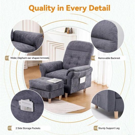 Sillón Relax Para Tv Con Función Reclinable, Sillón Reclinable Con Otomana Y 4 Respaldo Ajustable, Sillón Tapizado De Tela Individual Para Salón Dormitorio Home Cinema, Chenille - Gris