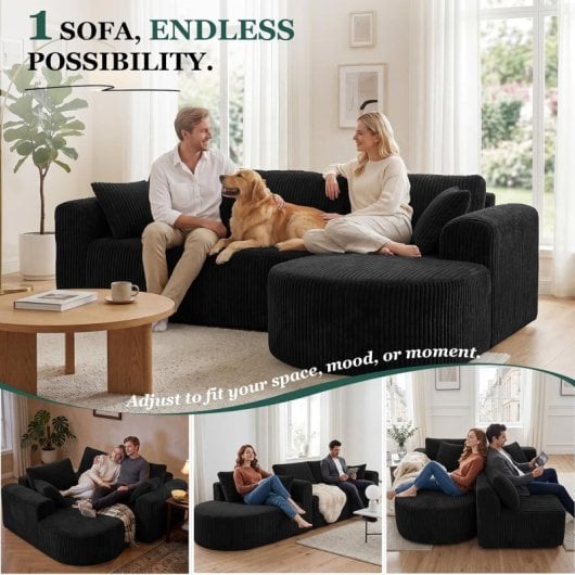 Divano angolare Boneless letto modulare velluto nero 263cm chaise longue