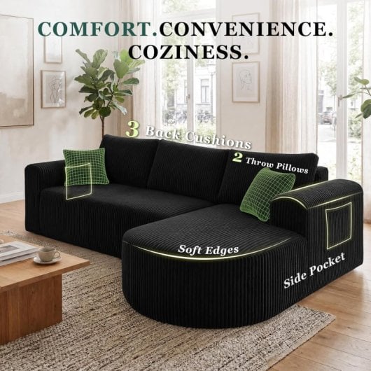 Divano angolare Boneless letto modulare velluto nero 263cm chaise longue