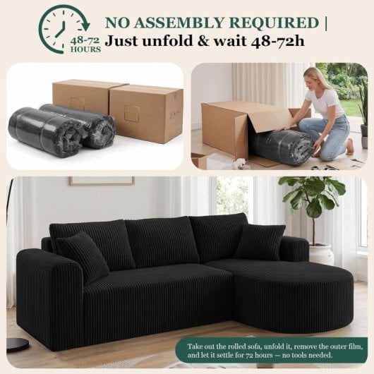 Divano angolare Boneless letto modulare velluto nero 263cm chaise longue