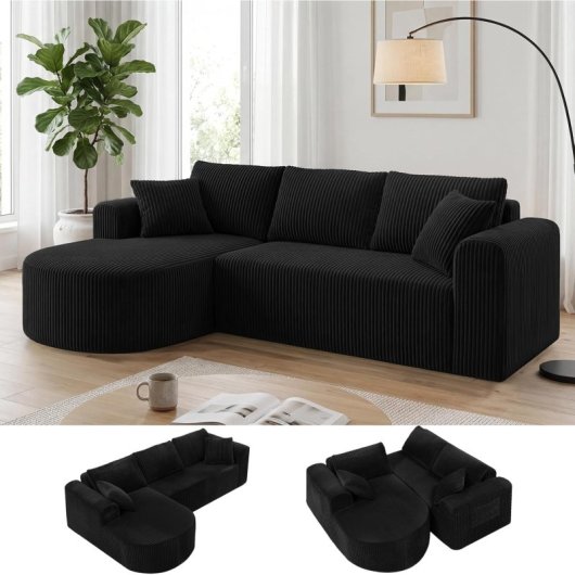 Divano angolare Boneless modulare letto 263cm velluto nero grande