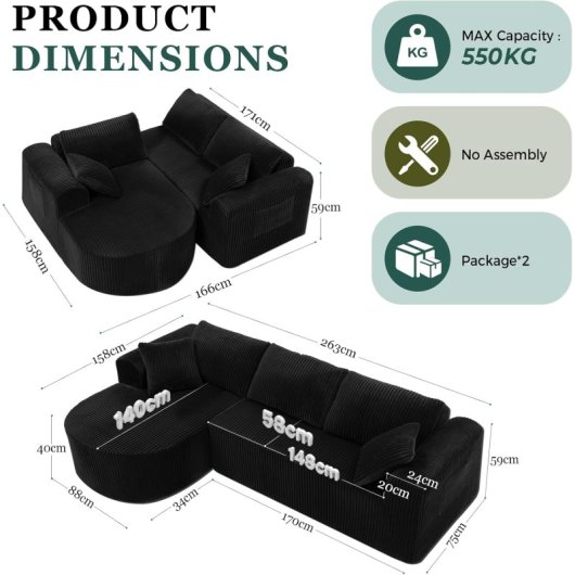 Divano angolare Boneless modulare letto 263cm velluto nero grande