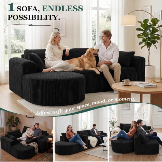 Divano angolare Boneless modulare letto 263cm velluto nero grande