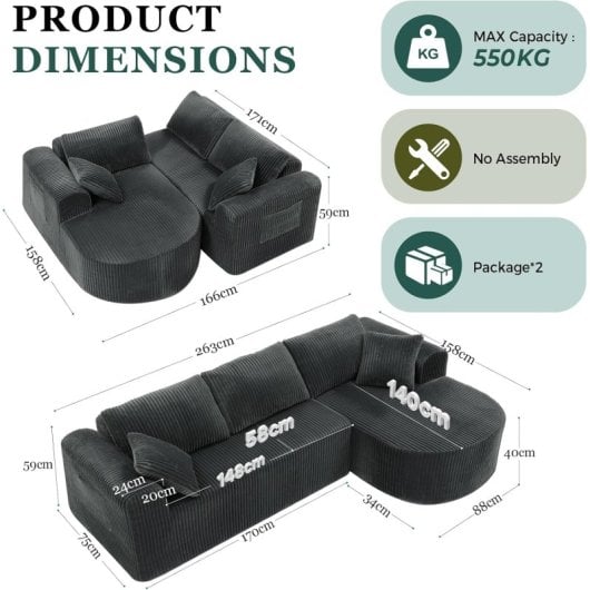 Divano angolare Boneless modulare letto 263cm velluto grigio senza montaggio