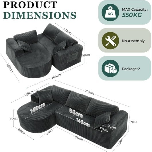 Divano angolare Boneless modulare letto 263cm velluto grigio grande destro