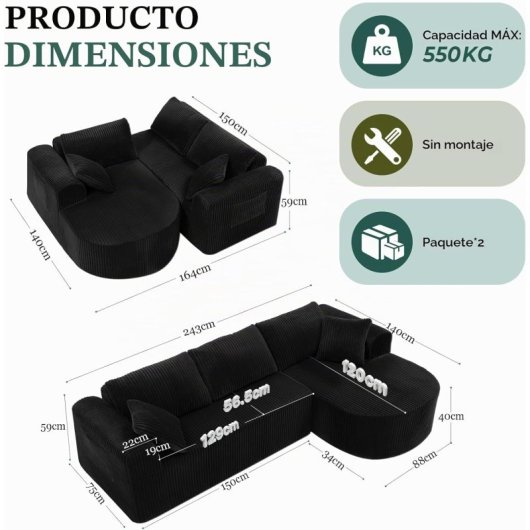 Ecksofa Boneless 243cm Modular Samt Schwarz mit Chaiselongue