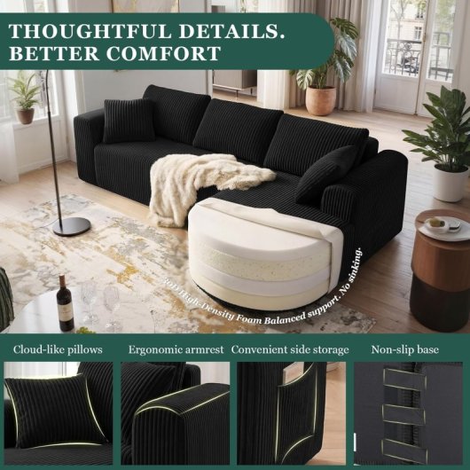 Ecksofa Boneless 243cm Modular Samt Schwarz mit Chaiselongue