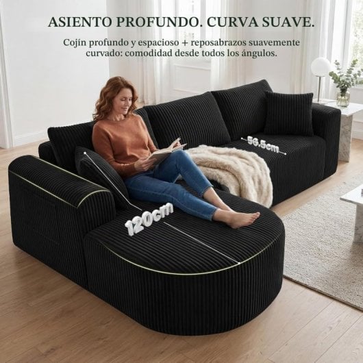 Divano angolare Boneless modulare letto 243cm velluto nero tasche laterali