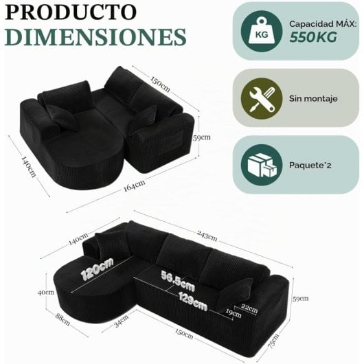 Divano angolare Boneless modulare letto 243cm velluto nero tasche laterali