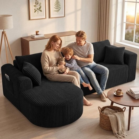 Divano angolare Boneless modulare letto 243cm velluto nero tasche laterali