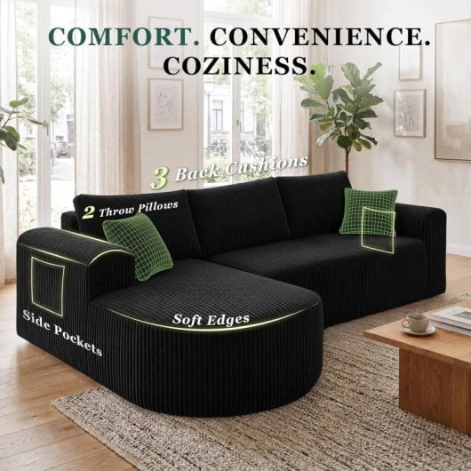 Divano angolare Boneless modulare letto 243cm velluto nero tasche laterali