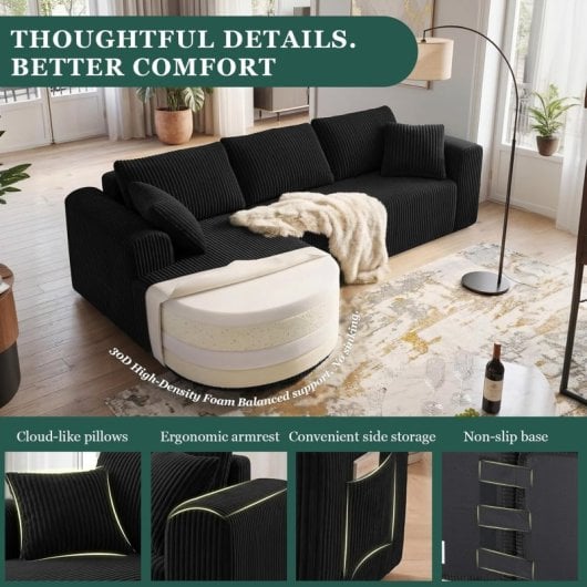 Divano angolare Boneless modulare letto 243cm velluto nero tasche laterali