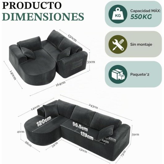 Divano angolare Boneless modulare letto 243cm velluto grigio senza montaggio