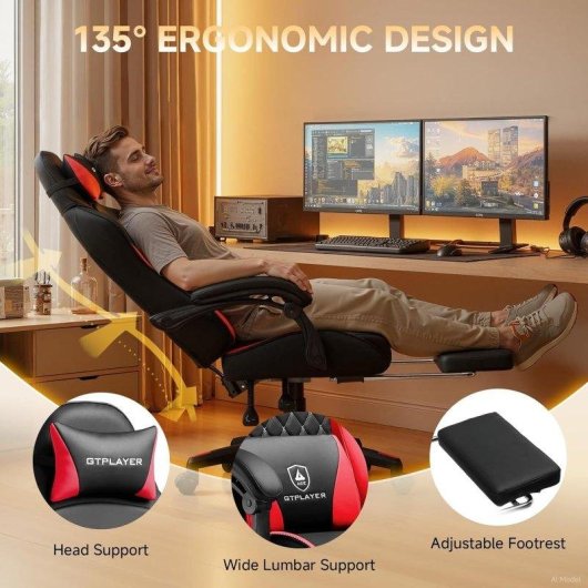 Chaise GTPLAYER Gaming Double Dossier Dorsal Repose-pieds Rouge